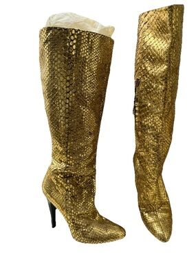 Jimmy Choo Gold Metallic Snake-Embossed Over-the-Knee Heeled Boots